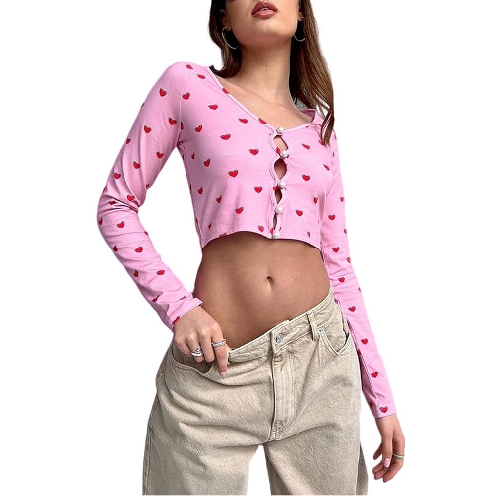 Women Fall Pink Kawaii Strawberry Print Crop Tops, Korean